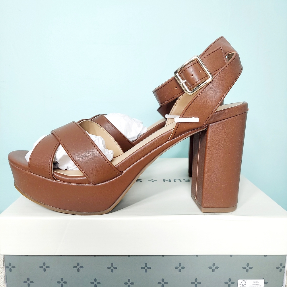 Sun + Stone Tan Brown Leather Platform Heel Sandals - Picture 2 of 13
